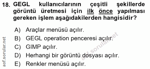 18. soru: GEGL kullanıcılarının çeşitli şekillerde görüntü üretmesi için ilk önce yapılması gereken işlem aşağıdakilerden hangi…