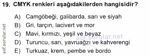 19. soru: CMYK renkleri aşağıdakilerden hangisidir? A) Camgöbegi, galibarda, sarı ve siyah B) Gri, tarçın, lacivert ve mor C) M…