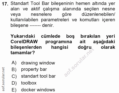 17. soru: Standart Tool Bar bileşeninin hemen altında yer alan ve aktif çalışma alanında seçilen nesne veya nesnelere göre düze…