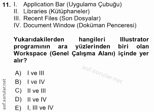 11. soru: I. Application Bar (Uygulama Çubuğu) II. Libraries (Kütüphaneler) III. Recent Files (Son Dosyalar) IV. Document Windo…