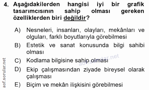 4. soru: Aşağıdakilerden hangisi iyi bir grafik tasarimcisının sahip olması gereken özelliklerden biri değildir? A) Nesneleri,…