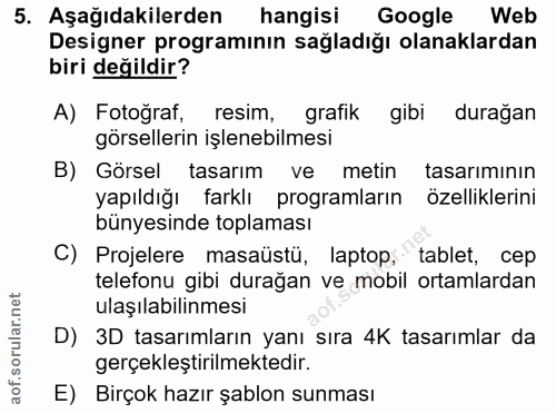 5. soru: Aşağıdakilerden hangisi Google Web Designer programının sağladığı olanaklardan biri değildir? A) Fotoğraf, resim, gra…