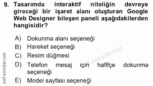 9. soru: Tasarımda interaktif niteliğin devreye gireceği bir işaret alanı oluşturan Google Web Designer bileşen paneli aşağıda…