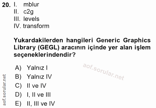 20. soru: 1. mblur II. c2g IlI. levels IV. transform Yukardakilerden hangileri Generic Graphics Library (GEGL) aracının içinde…