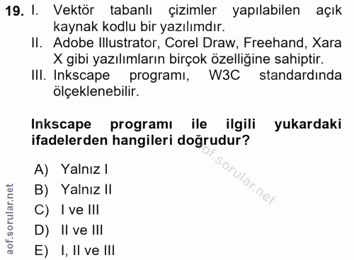 19. soru: I. Vektör tabanlı çizimler yapılabilen açık kaynak kodlu bir yazılımdır. II. Adobe Illustrator, Corel Draw, Freehand,…