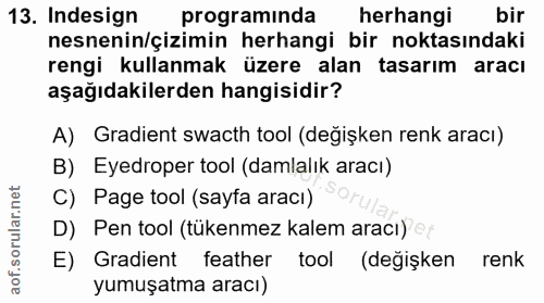 13. soru: Indesign programinda herhangi bir nesnenin/çizimin herhangi bir noktasındaki rengi kullanmak üzere alan tasarım aracı…