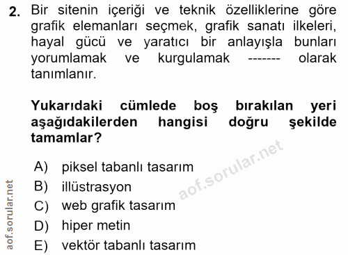 2. soru: Bir sitenin içeriği ve teknik özelliklerine göre grafik elemanları seçmek, grafik sanatı ilkeleri, hayal gücü ve yara…