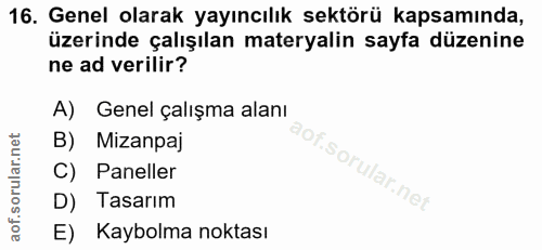 16. soru: Genel olarak yayıncılık sektörü kapsamında, üzerinde çalışılan materyalin sayfa düzenine ne ad verilir? A) Genel çalı…