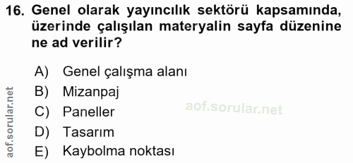 16. soru: Genel olarak yayıncılık sektörü kapsamında, üzerinde çalışılan materyalin sayfa düzenine ne ad verilir? A) Genel çalı…