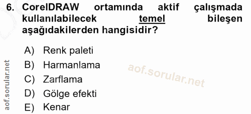 6. soru: CoreIDRAW ortamında aktif çalışmada kullanılabilecek temel bileşen aşağıdakilerden hangisidir? A) Renk paleti B) Harm…