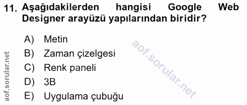 11. soru: Aşağıdakilerden hangisi Google Web Designer arayüzü yapılarından biridir? A) Metin B) Zaman çizelgesi C) Renk paneli…
