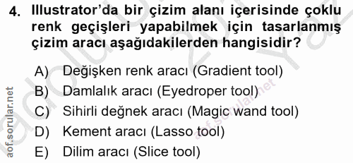 4. soru: Illustrator'da bir çizim alanı içerisinde çoklu renk geçişleri yapabilmek için tasarlanmış çizim aracı aşağıdakilerde…
