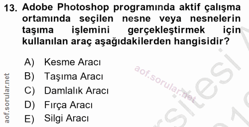 13. soru: Adobe Photoshop programinda aktif çalışma ortamında seçilen nesne veya nesnelerin taşıma işlemini gerçekleştirmek içi…