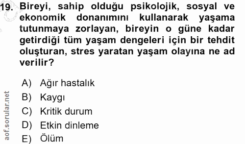 19. soru: Bireyi, sahip olduğu psikolojik, sosyal ve ekonomik donanımını kullanarak yaşama tutunmaya zorlayan, bireyin o güne k…