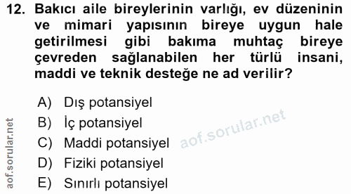 12. soru: Bakıcı aile bireylerinin varlığı, ev düzeninin ve mimari yapısının bireye uygun hale getirilmesi gibi bakıma i muhtaç…