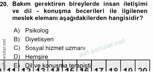 20. soru: Bakım gerektiren bireylerde insan iletişimi ve dil - konuşma becerileri ile ilgilenen meslek elemanı aşağıdakilerden…