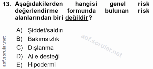 13. soru: Aşağıdakilerden hangisi genel risk değerlendirme formunda bulunan risk alanlarından biri değildir? A) Şiddet/saldırı…