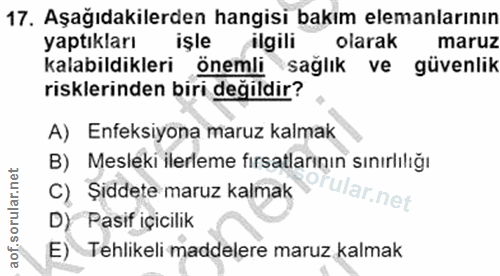 17. soru: Aşağıdakilerden hangisi bakım elemanlarının yaptikları işle ilgili olarak maruz kalabildikleri önemli sağlık ve güven…