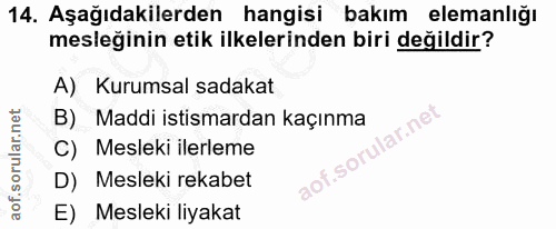 14. soru: Aşağıdakilerden hangisi bakım elemanlığı mesleğinin etik ilkelerinden biri değildir? A) Kurumsal sadakat B) Maddi ist…