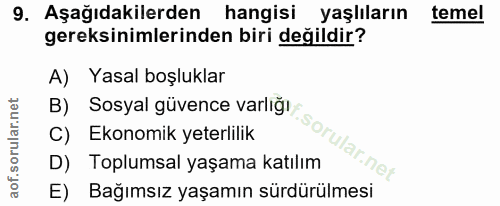9. soru: Aşağıdakilerden hangisi yaşlıların temel gereksinimlerinden biri değildir? A) Yasal boşluklar B) Sosyal güvence varlı…