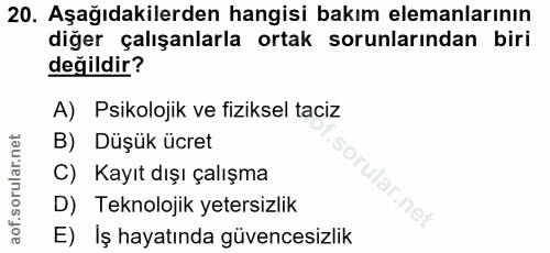 20. soru: Aşağıdakilerden hangisi bakım elemanlarının diğer çalışanlarla ortak sorunlarından biri değildir? A) Psikolojik ve fi…