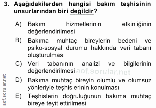 3. soru: Aşağıdakilerden hangisi bakım teşhisinin unsurlarından biri değildir? A) Bakım hizmetlerinin etkinliğinin değerlendir…