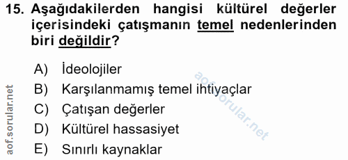 15. soru: Aşağıdakilerden hangisi kültürel değerler içerisindeki çatışmanın temel nedenlerinden biri değildir? A) Ideolojiler B…