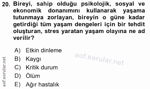 20. soru: Bireyi, sahip olduğu psikolojik, sosyal ve ekonomik donanımını kullanarak yaşama tutunmaya zorlayan, bireyin o güne k…