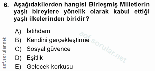 6. soru: Aşağıdakilerden hangisi Birleşmiş Milletlerin yaşlı bireylere yönelik olarak kabul ettiği yaşlı ilkelerinden biridir?…