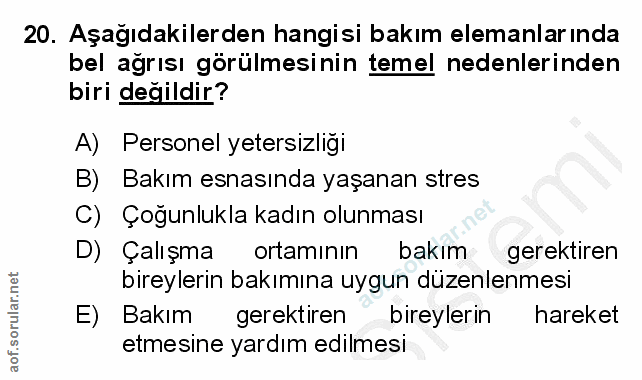 20. soru: Aşağıdakilerden hangisi bakım elemanlarında bel ağrısı görülmesinin temel nedenlerinden biri değildir? A) Personel ye…