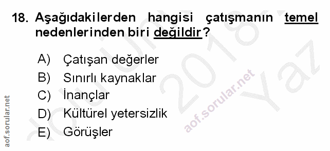 18. soru: Aşağıdakilerden hangisi çatışmanın temel nedenlerinden biri değildir? A) Çatışan değerler B) Sınırlı kaynaklar C) Ina…