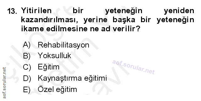 13. soru: Yitirilen bir yetenegin yeniden kazandırılması, yerine başka bir yeteneğin ikame edilmesine ne ad verilir? A) Rehabil…