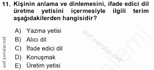11. soru: Kişinin anlama ve dinlemesini, ifade edici dil üretme yetisini içermesiyle ilgili terim aşağıdakilerden hangisidir? A…