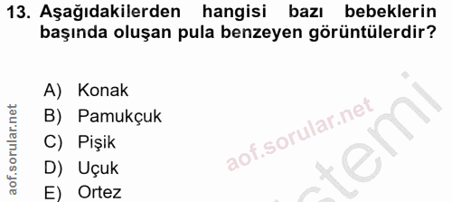 13. soru: Aşağıdakilerden hangisi bazı bebeklerin başında oluşan pula benzeyen görüntülerdir? A) Konak B) Pamukçuk C) Pişik D)…