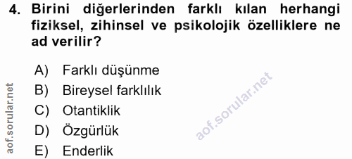 4. soru: Birini diğerlerinden farklı kılan herhangi fiziksel, zihinsel ve psikolojik özelliklere ne ad verilir? A) Farklı düşü…