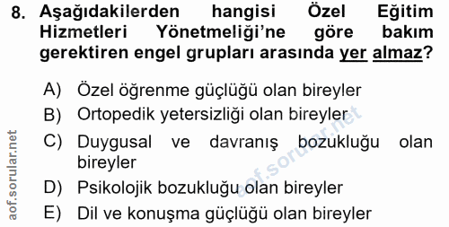 8. soru: Aşağıdakilerden hangisi Özel Eğitim Hizmetleri Yönetmeliği'ne göre bakım gerektiren engel grupları arasında yer almaz…