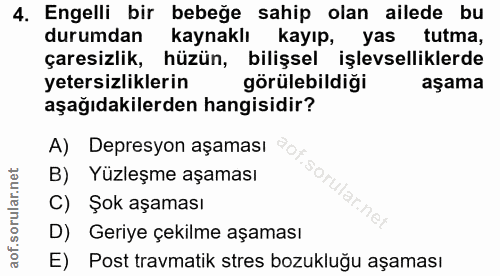 4. soru: Engelli bir bebeğe sahip olan ailede bu durumdan kaynaklı kayıp, yas tutma, çaresizlik, hüzün, bilişsel işlevsellikle…