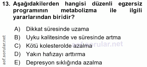 13. soru: Aşağıdakilerden hangisi düzenli egzersiz programının metabolizma ile ilgili yararlarından biridir? A) Dikkat süresind…