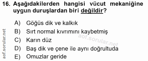 16. soru: Aşağıdakilerden hangisi vücut mekaniğine uygun duruşlardan biri değildir? A) Göğüs dik ve kalkık B) Sırt normal kıvrı…