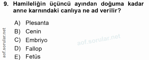 9. soru: Hamileliğin üçüncü ayından doğuma kadar anne karnındaki canlıya ne ad verilir? A) Plesanta B) Cenin C) Embriyo D) Fal…