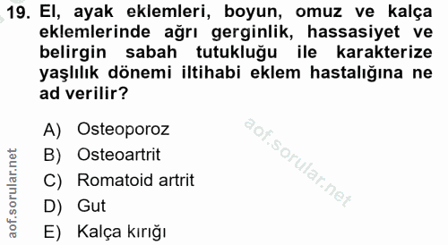 19. soru: El, ayak eklemleri, boyun, omuz ve kalça eklemlerinde ağrı gerginlik, hassasiyet ve belirgin sabah tutukluğu ile kara…