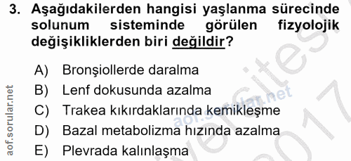 3. soru: Aşağıdakilerden hangisi yaşlanma sürecinde solunum sisteminde görülen fizyolojik değişikliklerden biri değildir? A) B…