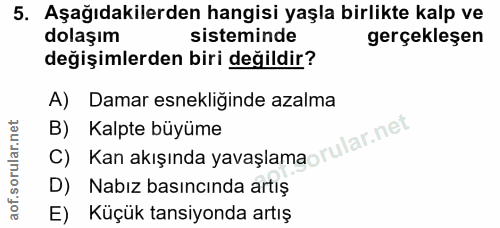 5. soru: Aşağıdakilerden hangisi yaşla birlikte kalp ve dolaşım sisteminde gerçekleşen değişimlerden biri değildir? A) Damar e…