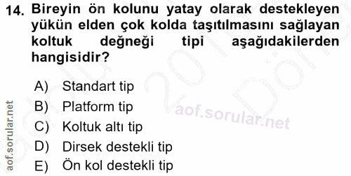 14. soru: Bireyin ön kolunu yatay olarak destekleyen yükün elden çok kolda taşıtılmasını sağlayan koltuk değneği tipi aşağıdaki…