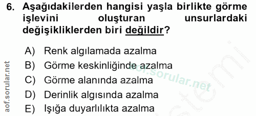 6. soru: Aşağıdakilerden hangisi yaşla birlikte görme işlevini oluşturan unsurlardaki değişikliklerden biri değildir? A) Renk…