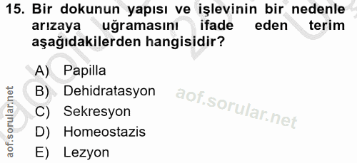 15. soru: Bir dokunun yapısı ve işlevinin bir nedenle arızaya uğramasını ifade eden terim aşağıdakilerden hangisidir? A) Papill…
