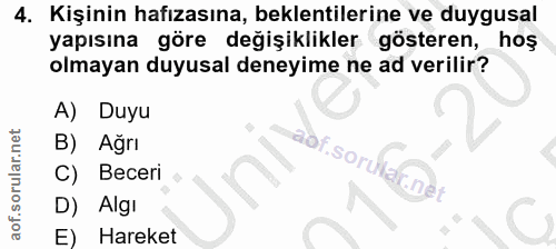 4. soru: Kişinin hafızasına, beklentilerine ve duygusal yapısına göre değişiklikler gösteren, hos olmayan duyusal deneyime ne…