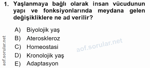 1. soru: Yaşlanmaya bağlı olarak insan vücudunun yapı ve fonksiyonlarında meydana gelen değişikliklere ne ad verilir? A) Biyol…