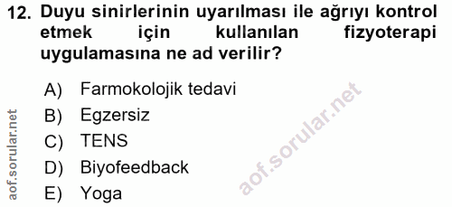 12. soru: Duyu sinirlerinin uyarılması ile ağrıyı kontrol etmek için kullanılan fizyoterapi uygulamasına ne ad verilir? A) Farm…