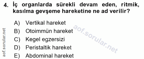 4. soru: İç organlarda sürekli devam eden, ritmik, kasılma gevşeme hareketine ne ad verilir? A) Vertikal hareket B) Otoimmün h…